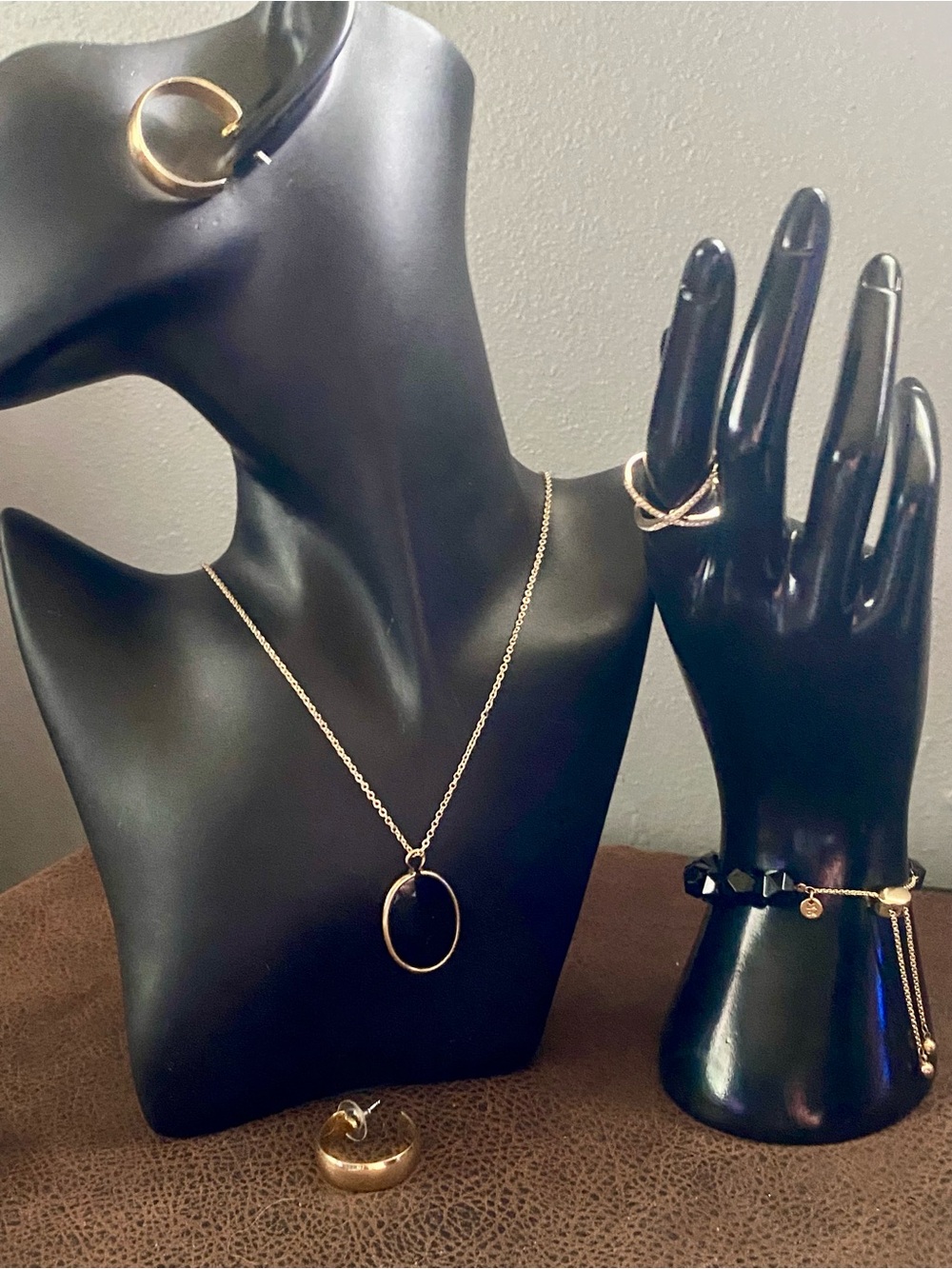 Gold-Tone and Black Oval Pendant Necklace, Bracelet w/slide, Earrings & Ring
